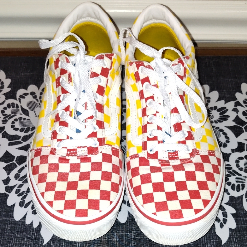 Vans Checkered Shoes women's Size 7 Yellow, Red, Blue, White "Off The Wall"